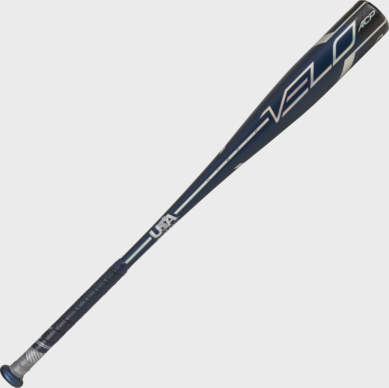 Angled view of a navy Rawlings 2021 Velo ACP USA bat - SKU: US1V10