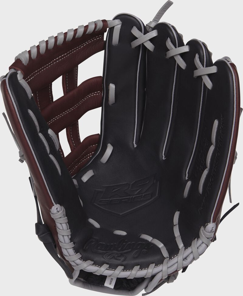 R93029-6BSG Rawlings R9 outfield glove with a black palm and grey laces