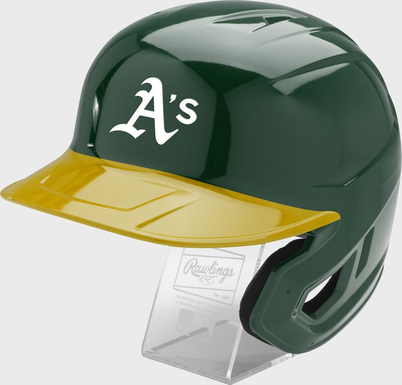 Front left of a green Rawlings Oakland Athletics replica helmet - SKU: MLBMR-OAK