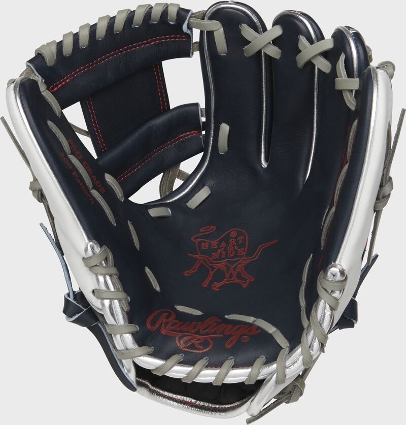 PRO204-2USA Rawlings HOH USA glove with a navy palm, scarlet palm print and grey laces