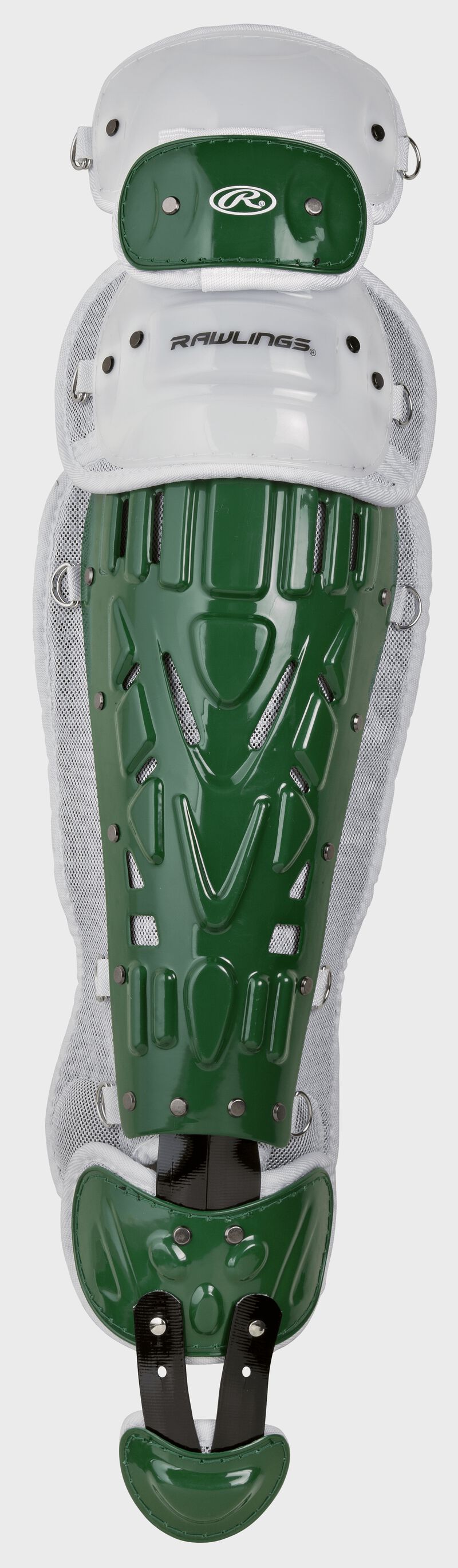 Front of a dark green/white Velo leg guard