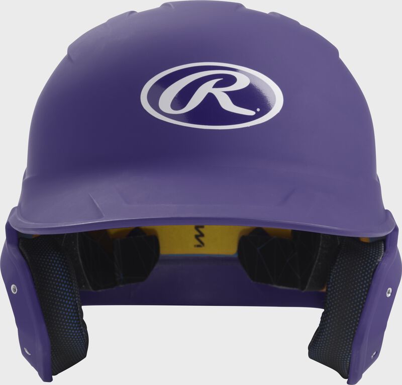 Front of a matte purple MACH junior size batting helmet