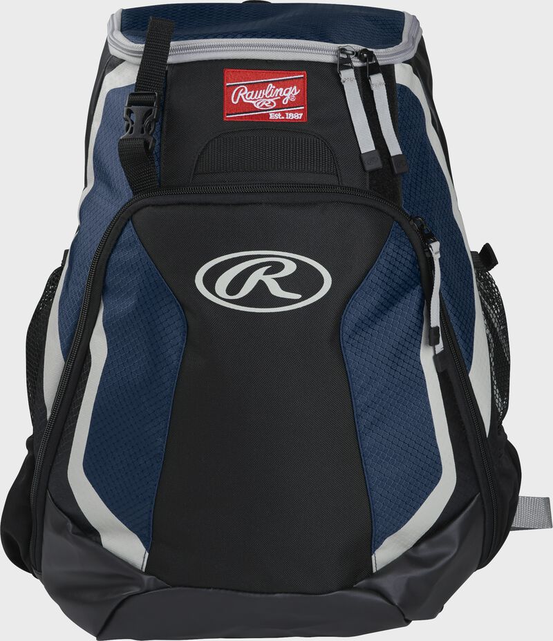 Front of a black/navy R500 Rawlings Players team backpack with a Rawlings patch and white Oval R
