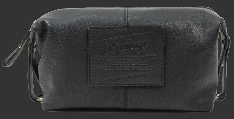 A black Rugged travel kit with a leather patch sewn on with the Rawlings logo and script text underneath - SKU: V625-001