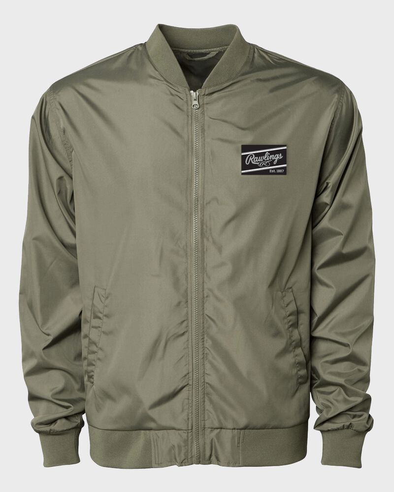 A dark green Rawlings lightweight bomber jacket with a black/silver Rawlings patch logo on the chest - SKU: RSGBJ-DG