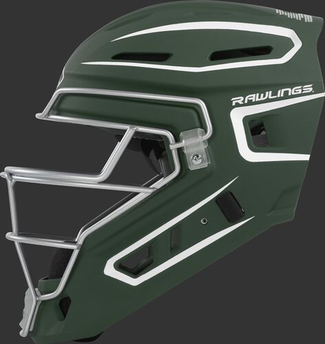 Left side of a dark green CHV27J Rawlings hockey style Velo 2.0 catcher's helmet