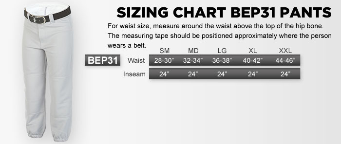 Youth Size Chart Baseball Pants